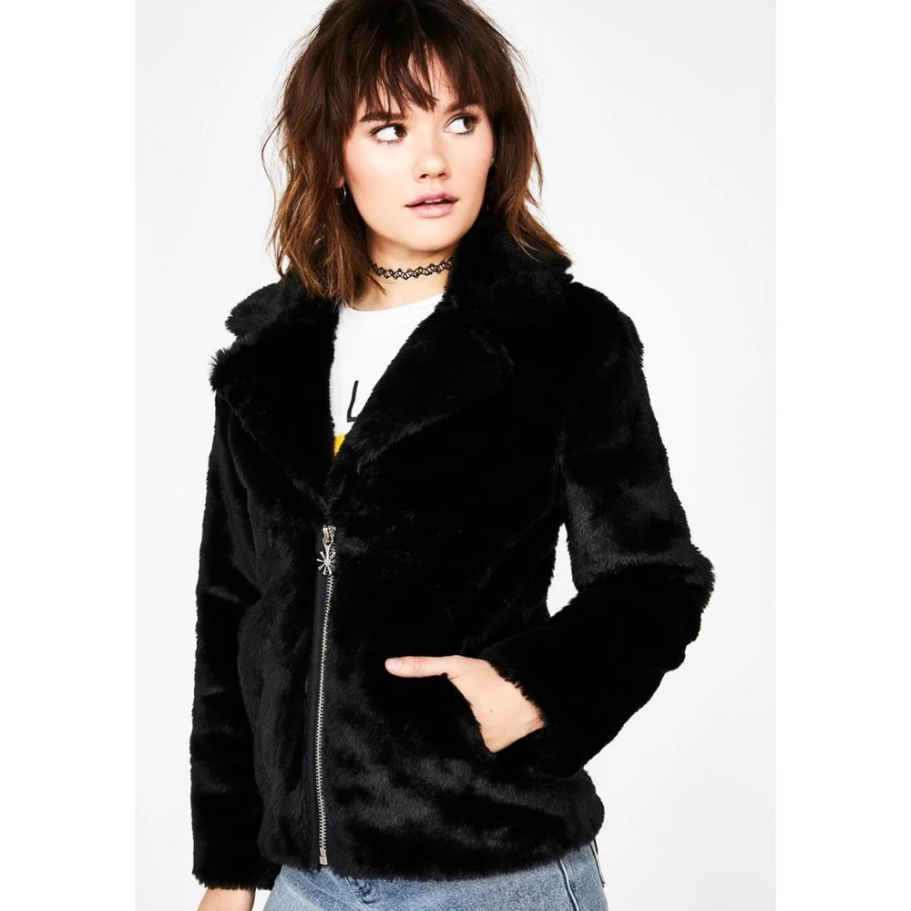 dELiA*s x Dolls Kill Black Faux Fur Jacket with Yellow Smiley - Picture 4 of 4